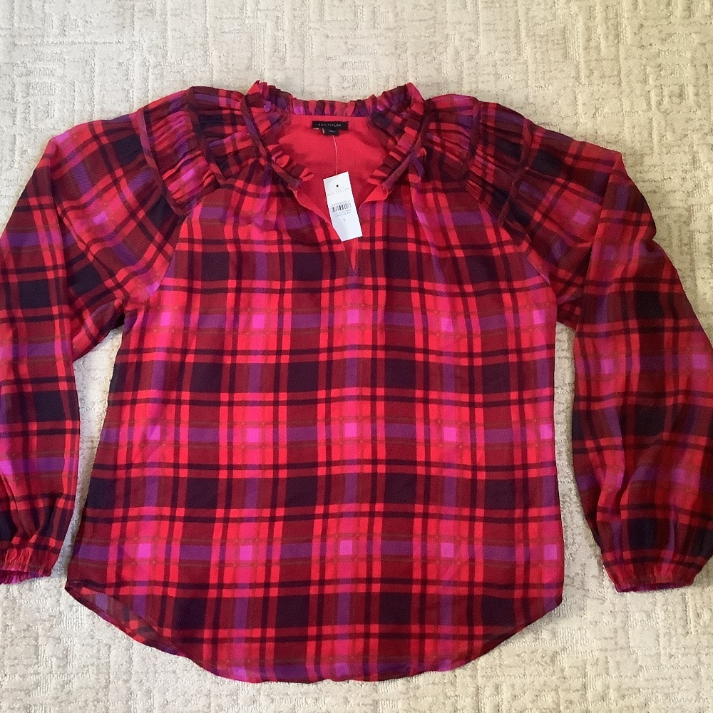 Ann Taylor Red and pink plaid blouse Size S